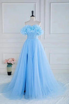 Off the Shoulder Strapless Flower A-Line Tulle Blue Prom Dress PSK474 by pgmdress