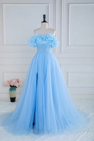 Schulterfreies, trägerloses A-Linien-Ballkleid aus Tüll mit Blumenmuster in Blau PSK474