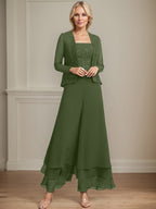 Separates Jumpsuit/Pantsuit Square Ankle-Length Lace Chiffon Mother of the Bride Dress With Sequins