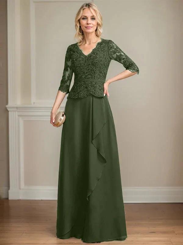A-line V-Neck Floor-Length Lace Chiffon Mother of the Bride Dress With Cascading Ruffles Sequins by Dreamylily