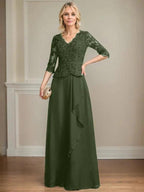 A-line V-Neck Floor-Length Lace Chiffon Mother of the Bride Dress With Cascading Ruffles Sequins by Dreamylily