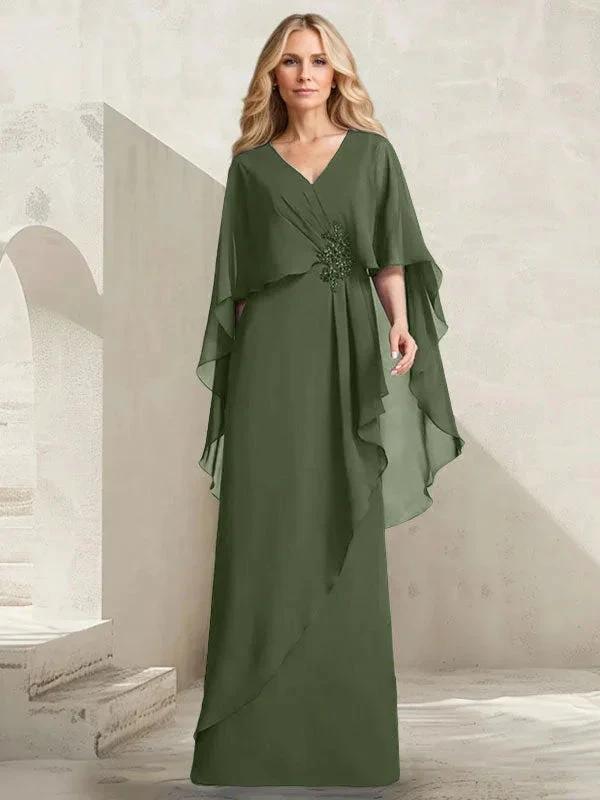A-line V-Neck Floor-Length Chiffon Mother of the Bride Dress With Cascading Ruffles Beading by Dreamylily