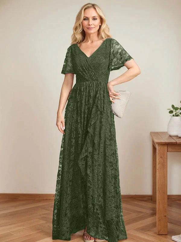 A-Line V-Neck Asymmetrical Lace Mother of the Bride Dress With Cascading Ruffles by Dreamylily