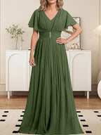 A-line V-Neck Floor-Length Chiffon Mother of the Bride Dress With Crystal Brooch Pleated by Dreamylily