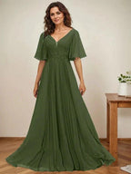 A-line V-Neck Floor-Length Chiffon Mother of the Bride Dress With Sequins Appliques Lace Pleated by Dreamylily