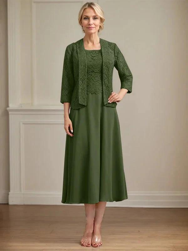 A-line Scoop Tea-Length Lace Chiffon Mother of the Bride Dress by Dreamylily