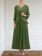 A-line V-Neck Ankle-Length Chiffon Mother of the Bride Dress With Sequins Appliques Lace Beading by Dreamylily