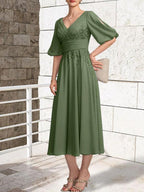 A-line V-Neck Tea-Length Lace Chiffon Mother of the Bride Dress With Pleated by Dreamylily