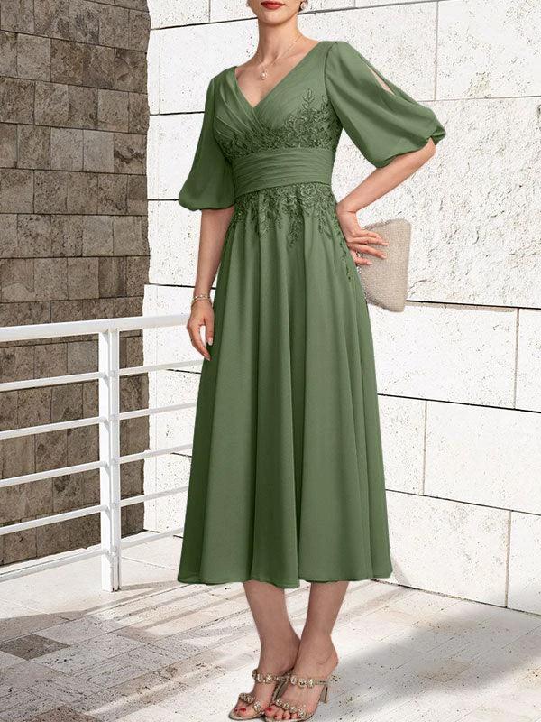 A-line V-Neck Tea-Length Lace Chiffon Mother of the Bride Dress With Pleated by Dreamylily