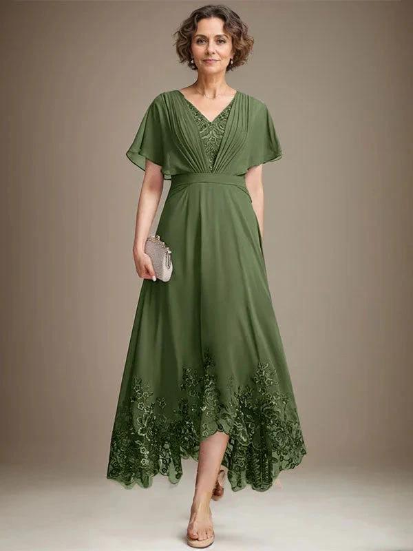 A-line V-Neck Asymmetrical Lace Chiffon Mother of the Bride Dress With Pleated by Dreamylily