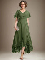 A-line V-Neck Asymmetrical Lace Chiffon Mother of the Bride Dress With Pleated by Dreamylily