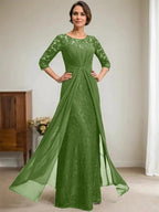 A-Line Scoop Illusion Floor-Length Lace Chiffon Mother Of the Bride Dress With Beading Ruffles by Dreamylily