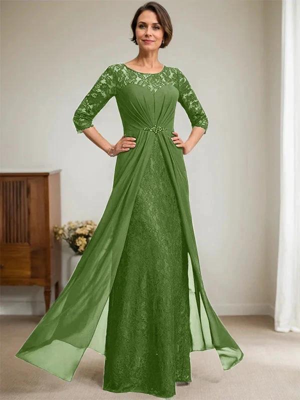 A-Line Scoop Illusion Floor-Length Lace Chiffon Mother Of the Bride Dress With Beading Ruffles by Dreamylily