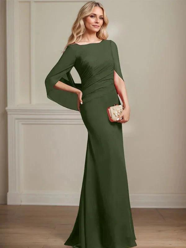 Trumpet/Mermaid Boat Neck Floor-Length Chiffon Mother of the Bride Dress With Pleated by Dreamylily