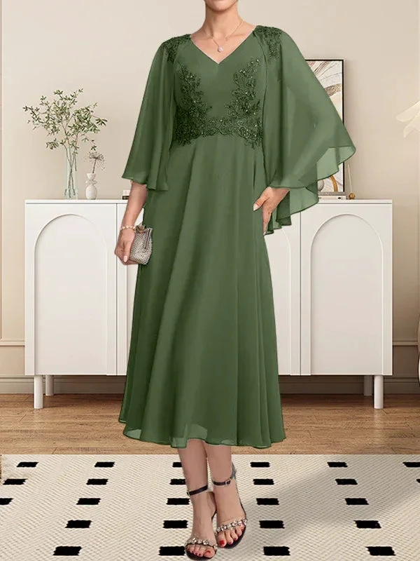 A-line V-Neck Tea-Length Chiffon Lace Mother of the Bride Dress With Beading Sequins by Dreamylily