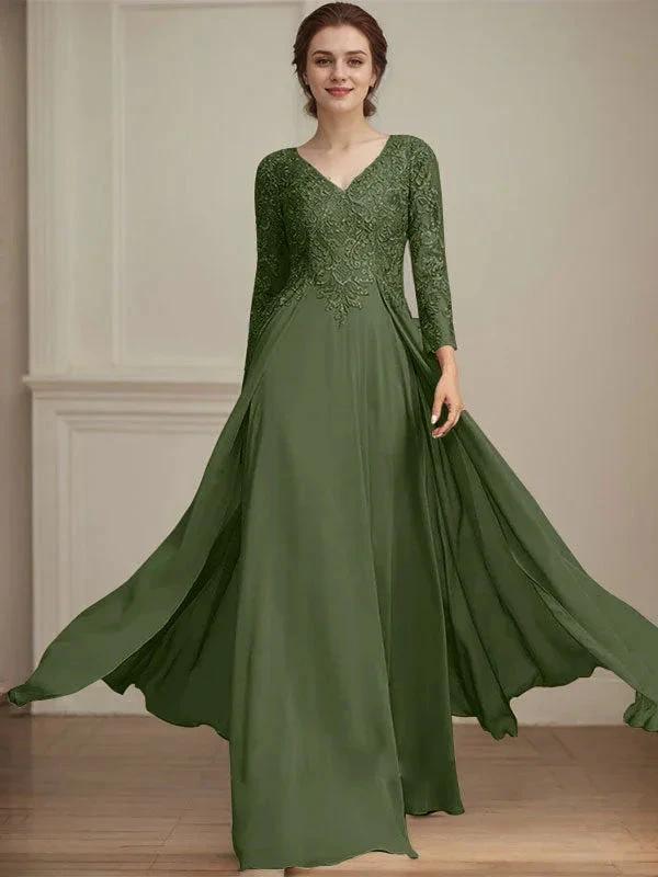 A-line V-Neck Floor-Length Lace Chiffon Mother of the Bride Dress With Sequins by Dreamylily