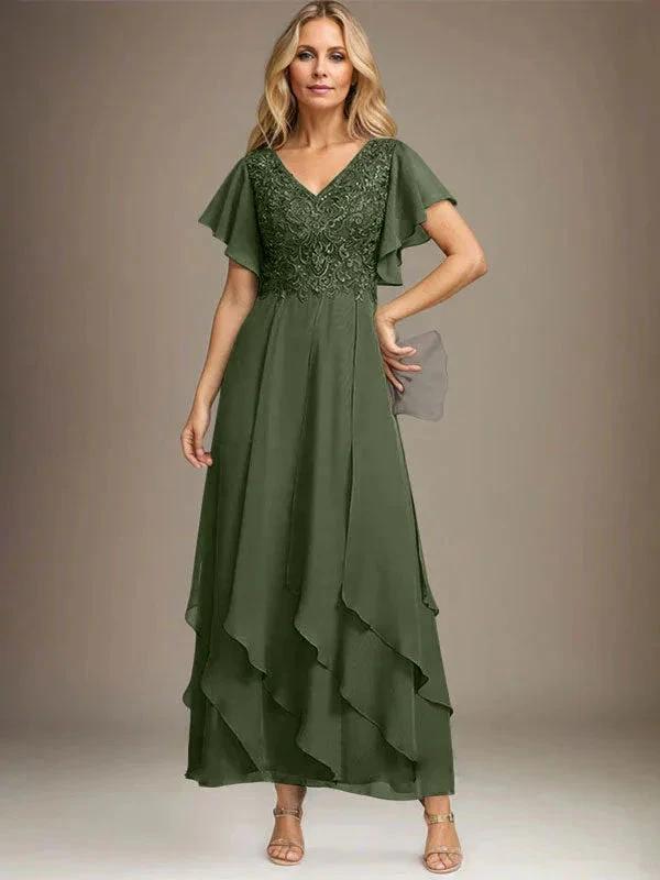 A-line V-Neck Ankle-Length Lace Chiffon Mother of the Bride Dress With Cascading Ruffles by Dreamylily