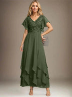A-line V-Neck Ankle-Length Lace Chiffon Mother of the Bride Dress With Cascading Ruffles by Dreamylily