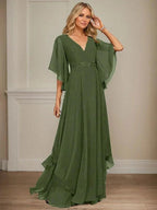 A-line V-Neck Floor-Length Chiffon Mother of the Bride Dress With Sequins Appliques Lace Beading by Dreamylily