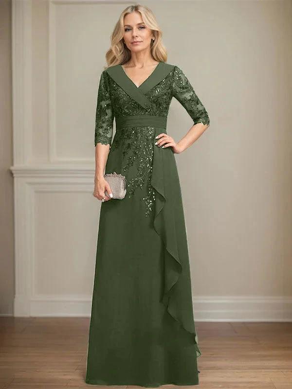 A-line Collared V-Neck Floor-Length Lace Chiffon Mother of the Bride Dress With Sequins Cascading Ruffles by Dreamylily