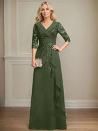 A-line Collared V-Neck Floor-Length Lace Chiffon Mother of the Bride Dress With Sequins Cascading Ruffles by Dreamylily
