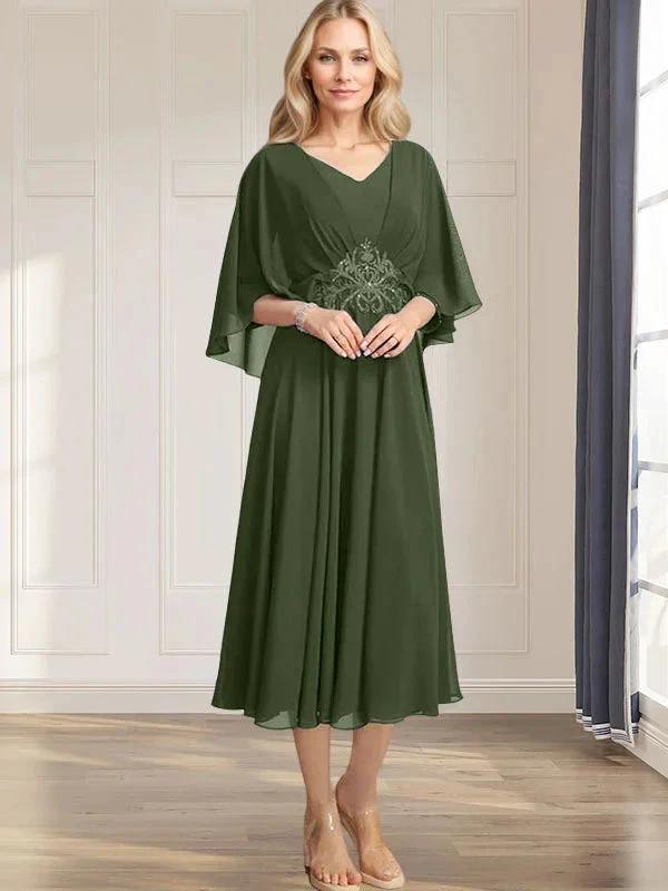 A-line V-Neck Tea-Length Chiffon Mother of the Bride Dress With Pleated Sequins Appliques Lace Beadind by Dreamylily