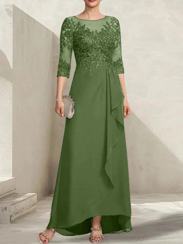 A-line Scoop Illusion Asymmetrical Lace Chiffon Mother of the Bride Dress With Sequins Cascading Ruffles by Dreamylily
