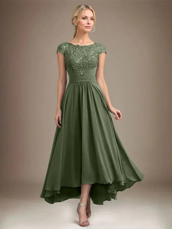 A-line Scoop Illusion Asymmetrical Lace Chiffon Mother of the Bride Dress With Pleated by Dreamylily