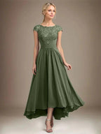 A-line Scoop Illusion Asymmetrical Lace Chiffon Mother of the Bride Dress With Pleated by Dreamylily