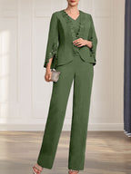 Separates Jumpsuit/Pantsuit V-Neck Floor-Length Chiffon Mother of the Bride Dress