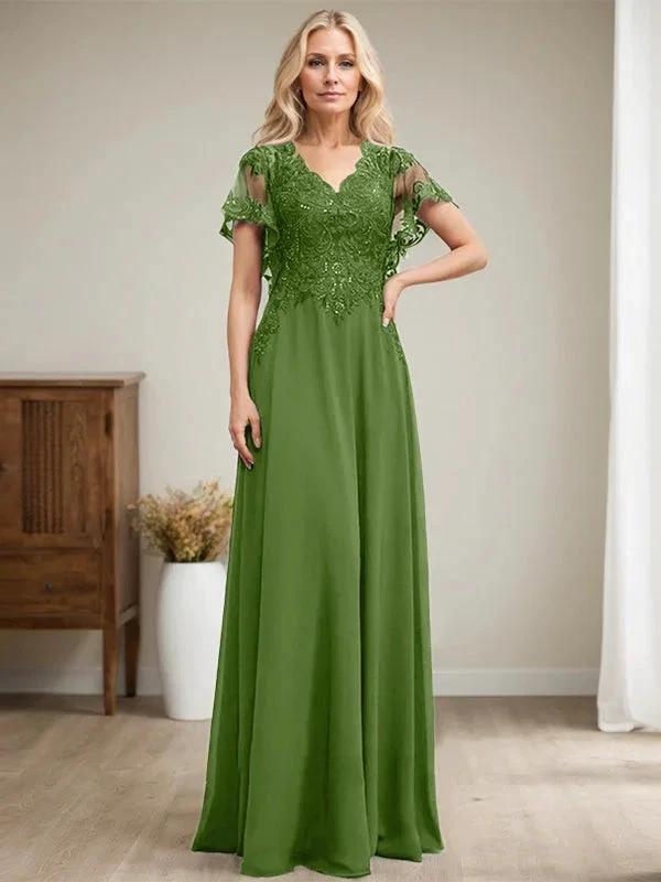 A-line V-Neck Floor-Length Lace Chiffon Mother of the Bride Dress With Sequins by Dreamylily