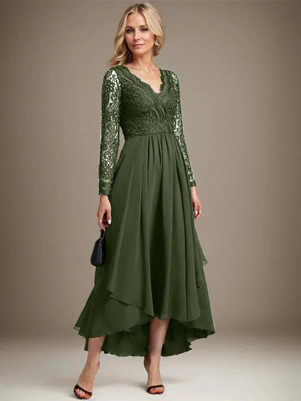 A-line V-Neck Asymmetrical Lace Chiffon Mother of the Bride Dress by Dreamylily