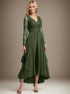 A-line V-Neck Asymmetrical Lace Chiffon Mother of the Bride Dress by Dreamylily