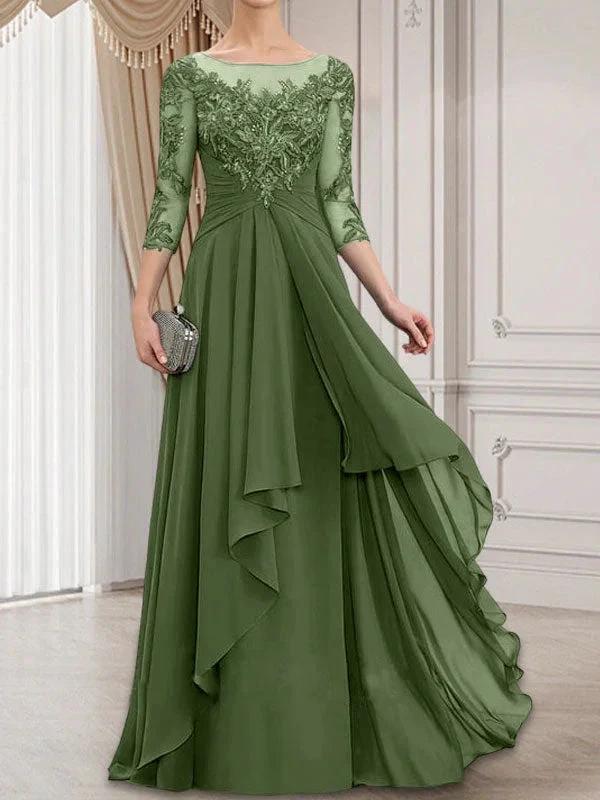 A-line Scoop Illusion Floor-Length Lace Chiffon Mother of the Bride Dress With Cascading Ruffles by Dreamylily