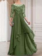 A-line Scoop Illusion Floor-Length Lace Chiffon Mother of the Bride Dress With Cascading Ruffles by Dreamylily