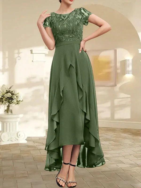 A-line Scoop Illusion Asymmetrical Chiffon Lace Mother of the Bride Dress With Bow Ruffle Sequins by Dreamylily
