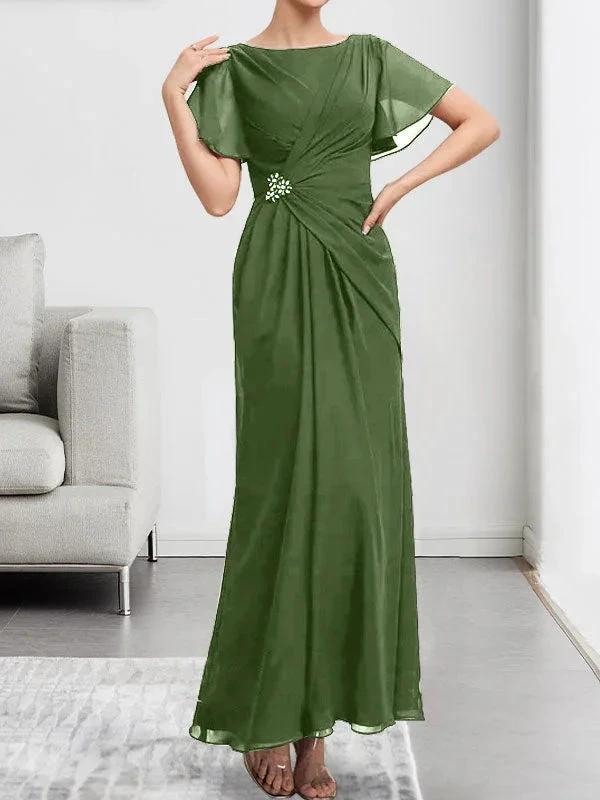 A-line Scoop Ankle-Length Chiffon Mother of the Bride Dress With Beading Pleated by Dreamylily
