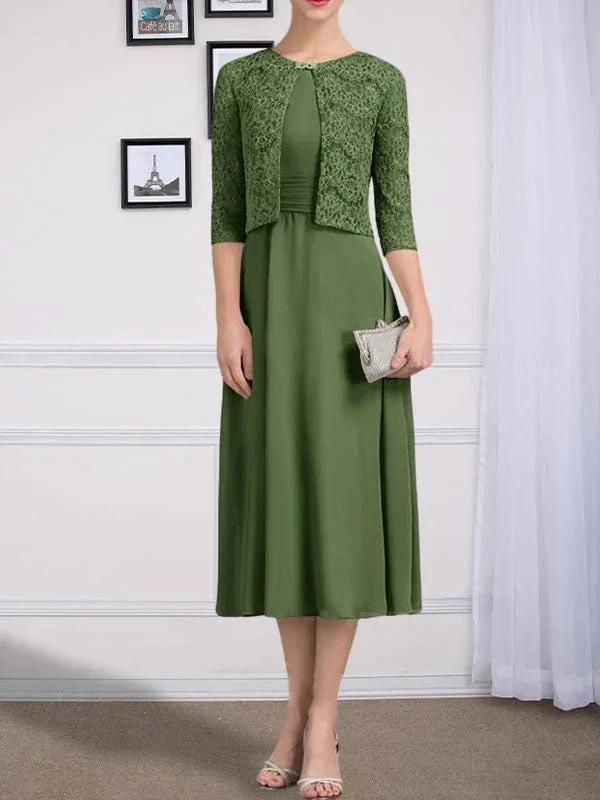 A-line Scoop Tea-Length Chiffon Mother of the Bride Dress With Pleated by Dreamylily