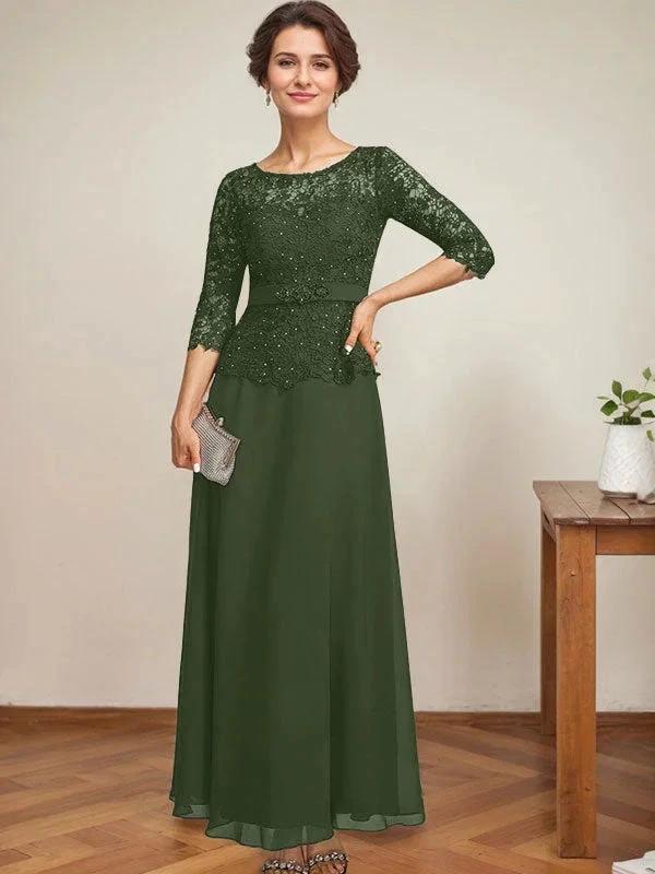 A-line Scoop Illusion Ankle-Length Chiffon Lace Mother of the Bride Dress With Rhinestone Beading by Dreamylily