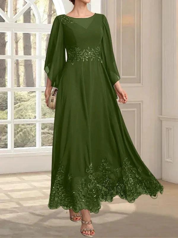 A-line Scoop Illusion Ankle-Length Lace Chiffon Mother of the Bride Dress With Sequins by Dreamylily