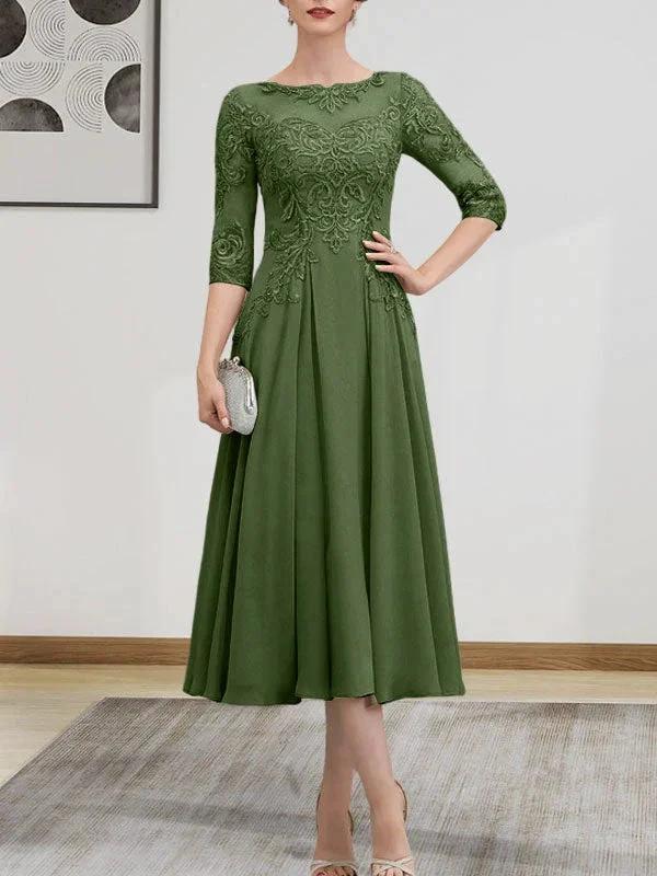 A-line Scoop Illusion Tea-Length Chiffon Lace Mother of the Bride Dress With Beading Sequins by Dreamylily
