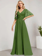 A-line V-Neck Floor-Length Lace Chiffon Mother of the Bride Dress With Sequins by Dreamylily