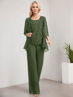 Separates Jumpsuit/Pantsuit Scoop Floor-Length Lace Chiffon Mother of the Bride Dress With Sequins
