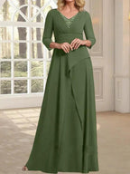 A-line V-Neck Floor-Length Chiffon Mother of the Bride Dress With Pleated Beading by Dreamylily