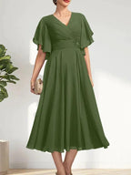 A-line V-Neck Tea-Length Chiffon Mother of the Bride Dress With Pleated Beading by Dreamylily