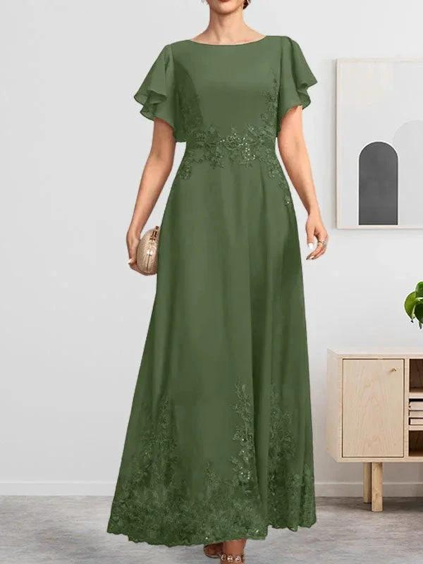 A-line Scoop Ankle-Length Lace Chiffon Mother of the Bride Dress With Sequins by Dreamylily