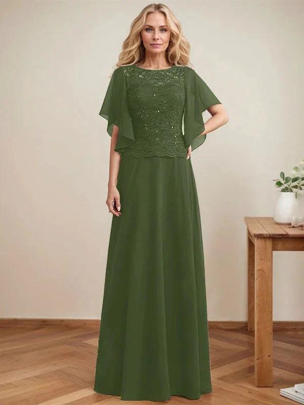 A-line Scoop Illusion Floor-Length Lace Chiffon Mother of the Bride Dress With Sequins by Dreamylily
