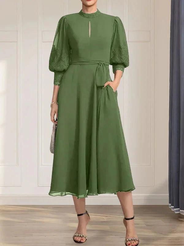 A-line High Neck Tea-Length Lace Chiffon Mother of the Bride Dress With Bow by Dreamylily