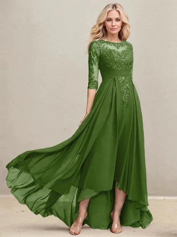 A-line Scoop Illusion Asymmetrical Lace Chiffon Mother of the Bride Dress With Pleated Sequins by Dreamylily