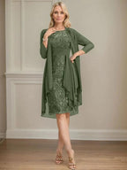 Sheath/Column Scoop Illusion Knee-Length Lace Chiffon Mother of the Bride Dress With Cascading Ruffles Sequins by Dreamylily